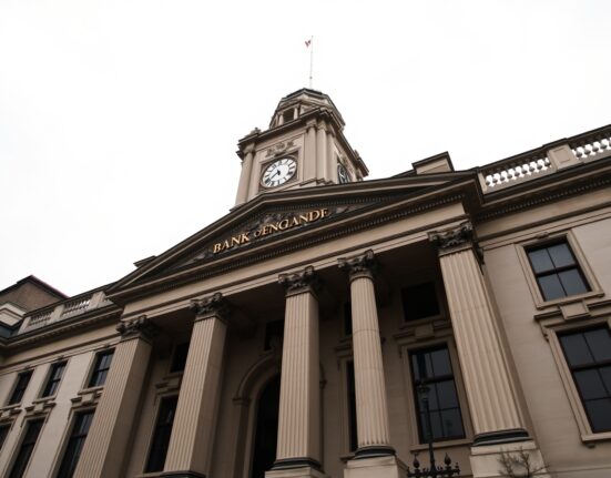 Bank of England building in London on a cloudy day, representing UK monetary policy and British Pound outlook.