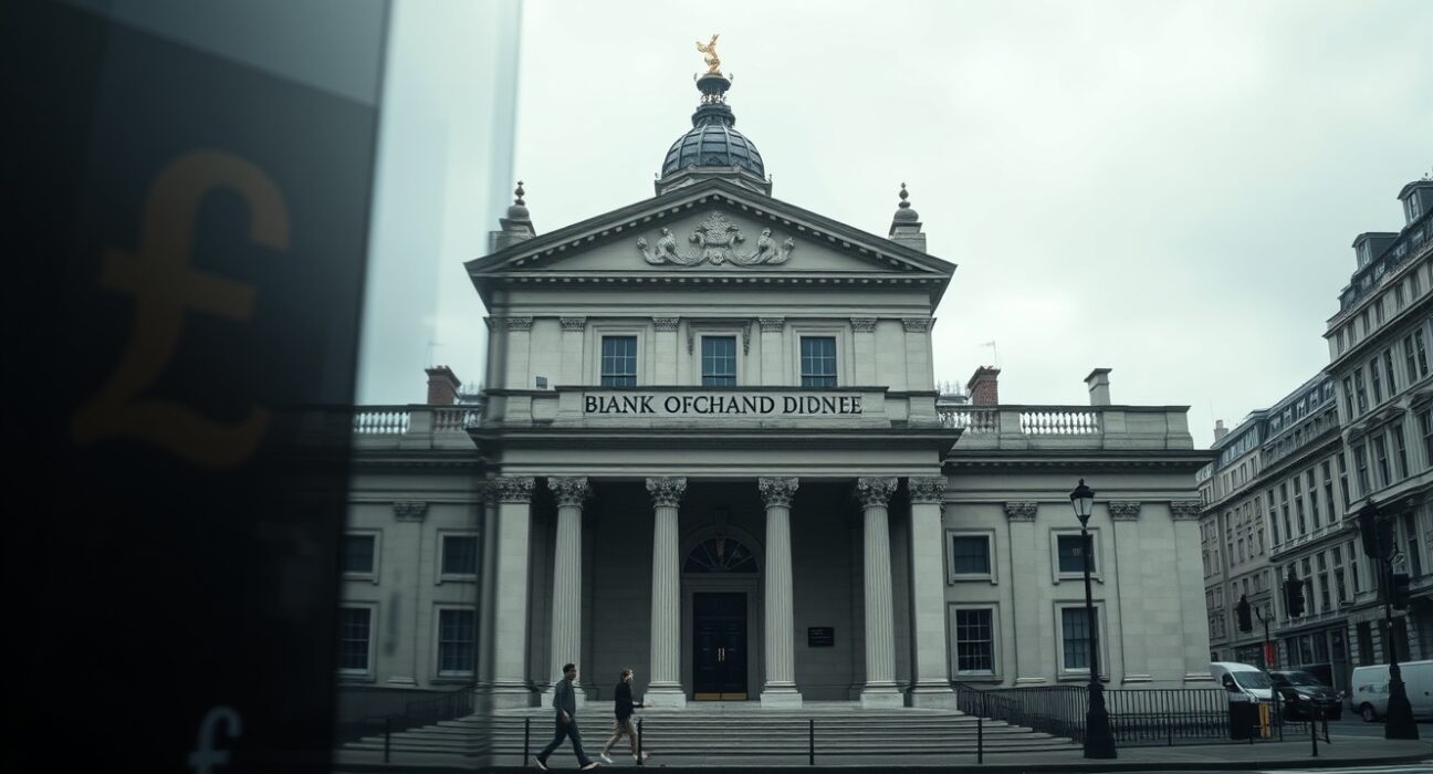 Bank of England building on a cloudy day, representing UK monetary policy and GBP outlook