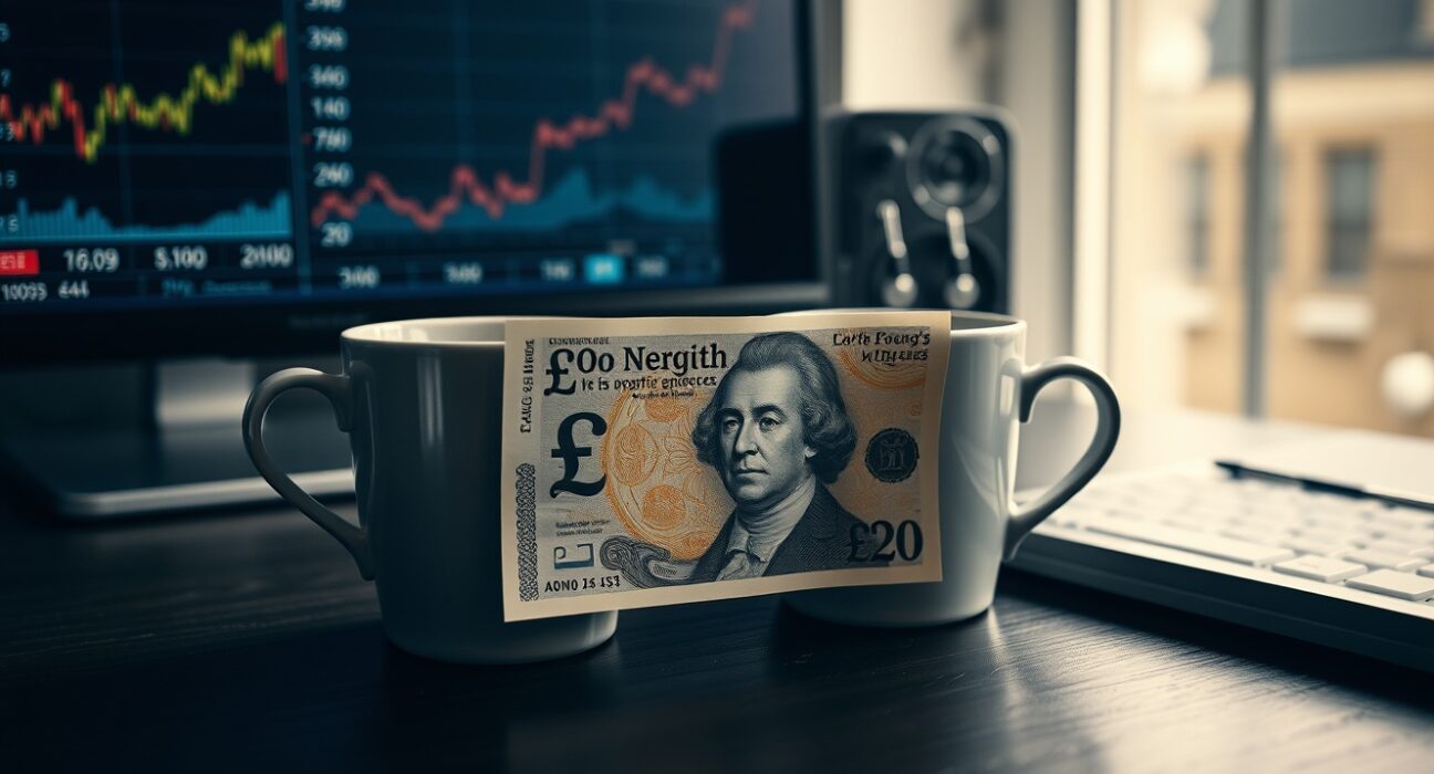 British Pound banknote on desk with coffee cup, representing forex market analysis