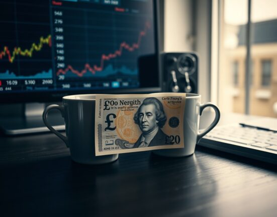 British Pound banknote on desk with coffee cup, representing forex market analysis
