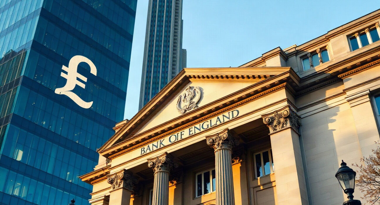 Bank of England building in London on a clear morning, symbolizing British Pound stability