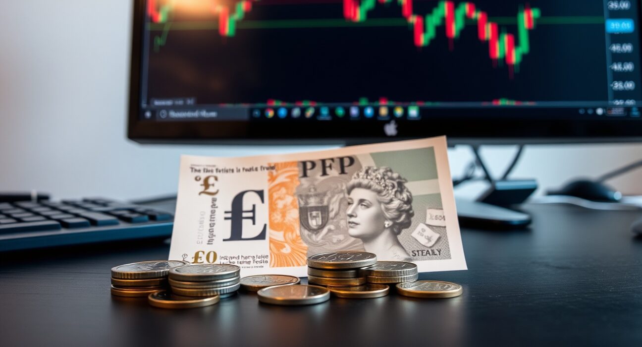 British Pound banknotes and coins with a GBP/USD chart on a monitor in the background