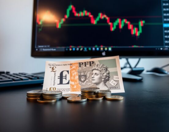 British Pound banknotes and coins with a GBP/USD chart on a monitor in the background