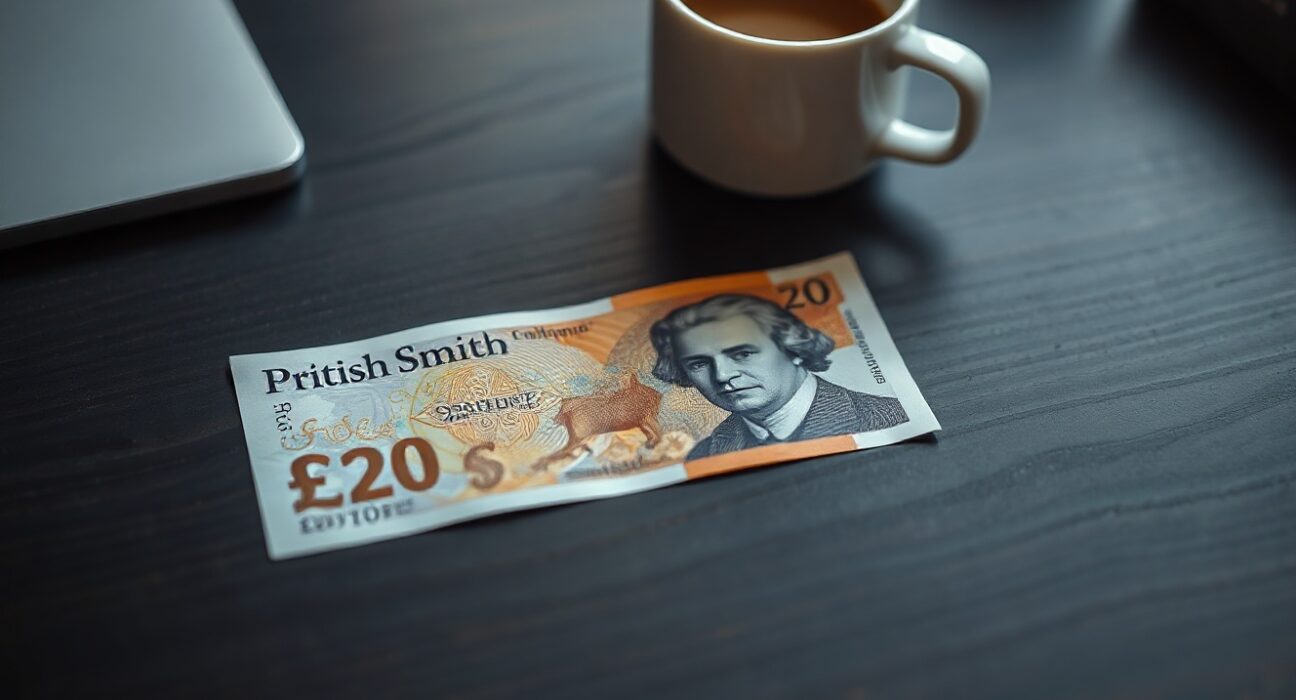 British Pound Sterling banknote on a desk with a coffee cup in background