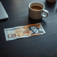 British Pound Sterling banknote on a desk with a coffee cup in background