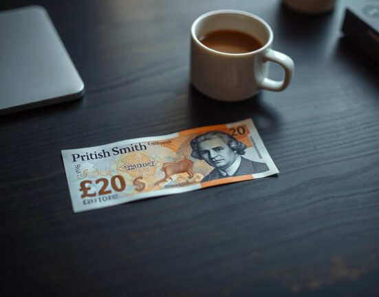 British Pound Sterling banknote on a desk with a coffee cup in background
