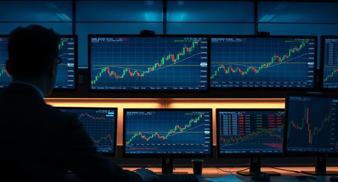 Trader monitors GBP/JPY chart on a trading floor with multiple screens