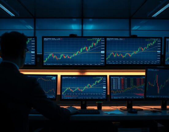 Trader monitors GBP/JPY chart on a trading floor with multiple screens