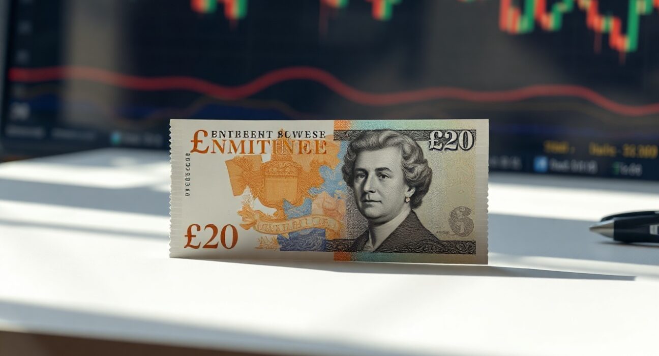 British Pound and US Dollar banknotes on a desk with a blurred financial chart background