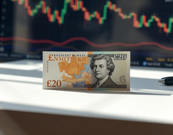 British Pound and US Dollar banknotes on a desk with a blurred financial chart background
