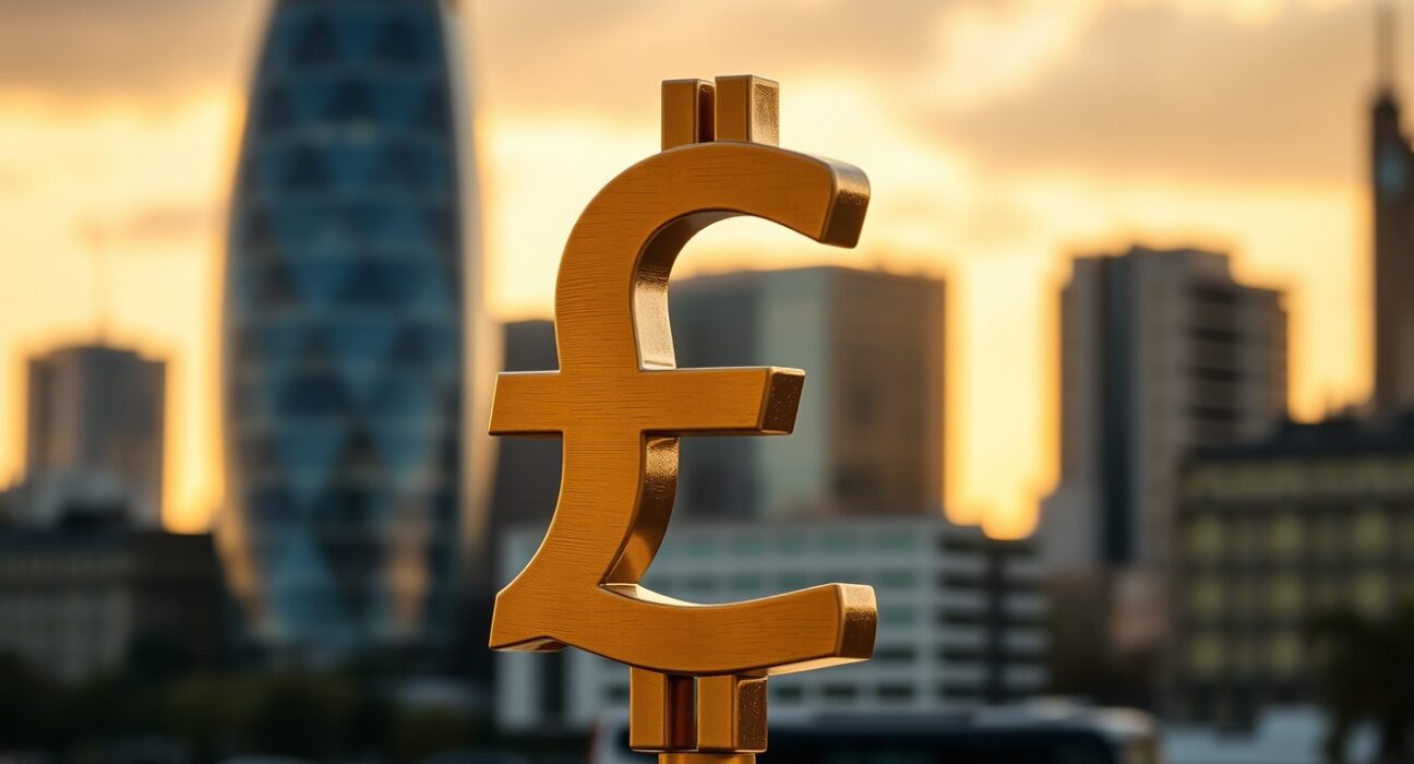 British pound symbol against London financial district skyline at sunset