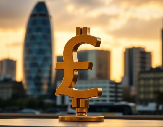 British pound symbol against London financial district skyline at sunset