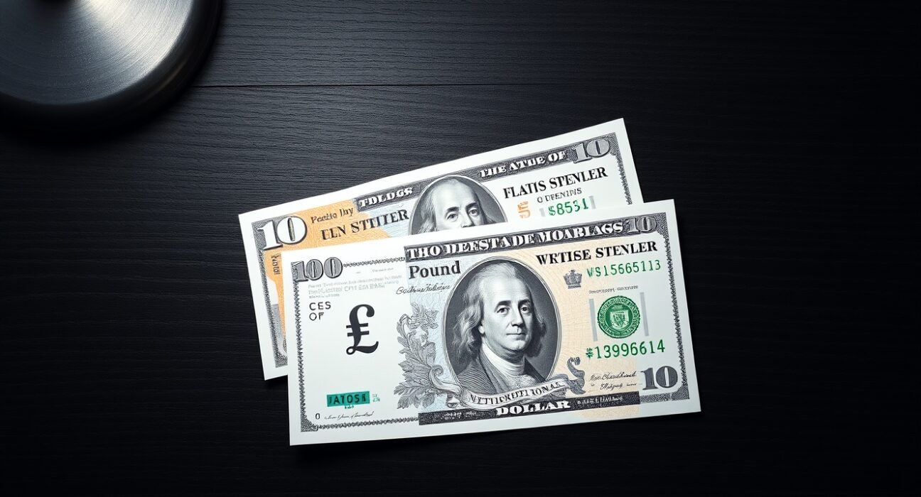 British pound and US dollar banknotes on a desk representing forex market analysis