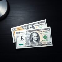 British pound and US dollar banknotes on a desk representing forex market analysis
