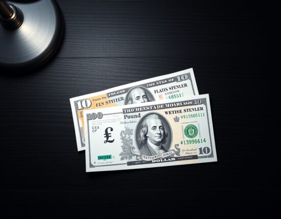 British pound and US dollar banknotes on a desk representing forex market analysis