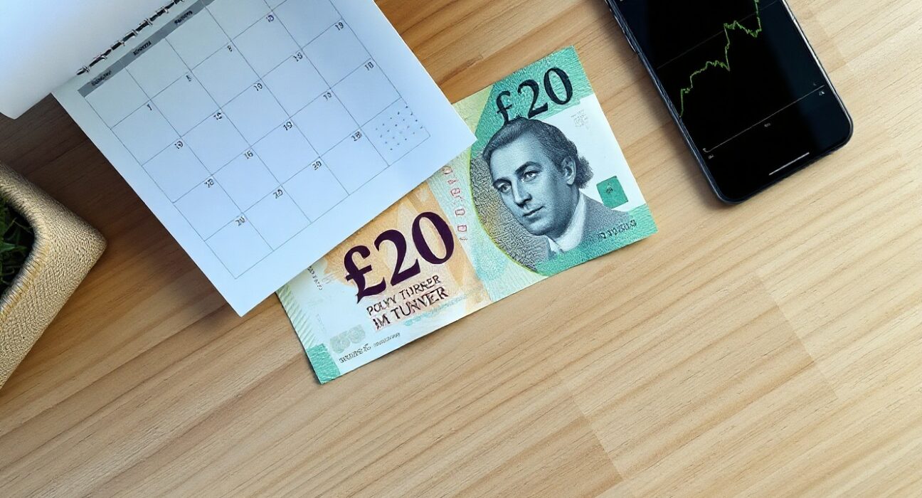 British Pound banknote on desk with calendar and smartphone showing chart ahead of UK GDP data release