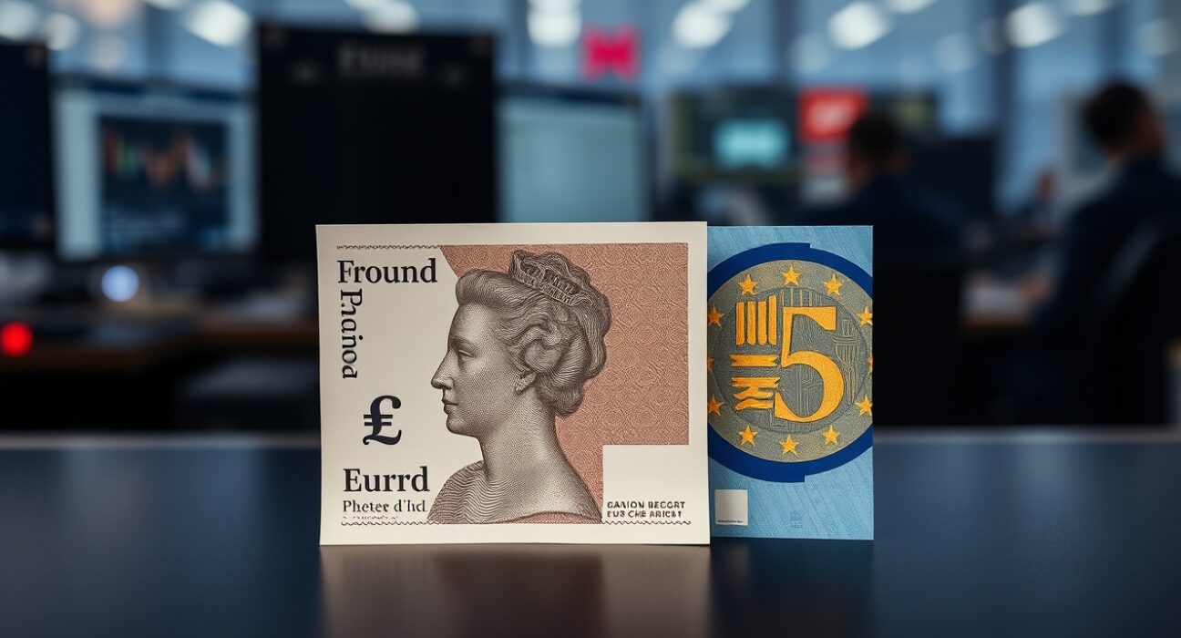 British Pound and Euro banknotes on a trading desk representing currency market volatility