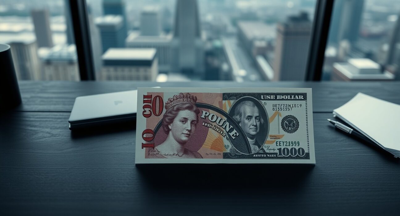 British Pound and US Dollar banknotes on a desk, representing GBP/USD currency exchange rate movement.