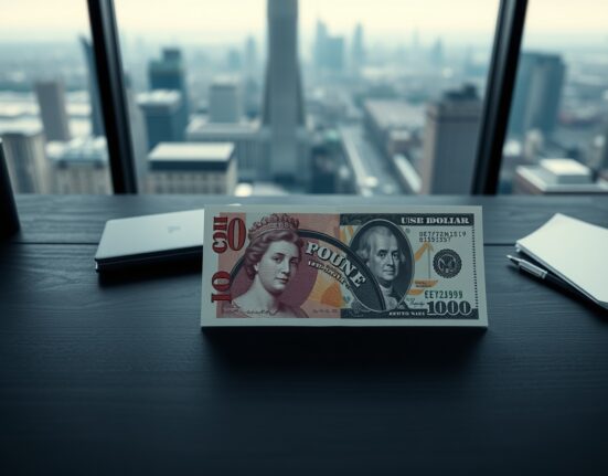 British Pound and US Dollar banknotes on a desk, representing GBP/USD currency exchange rate movement.