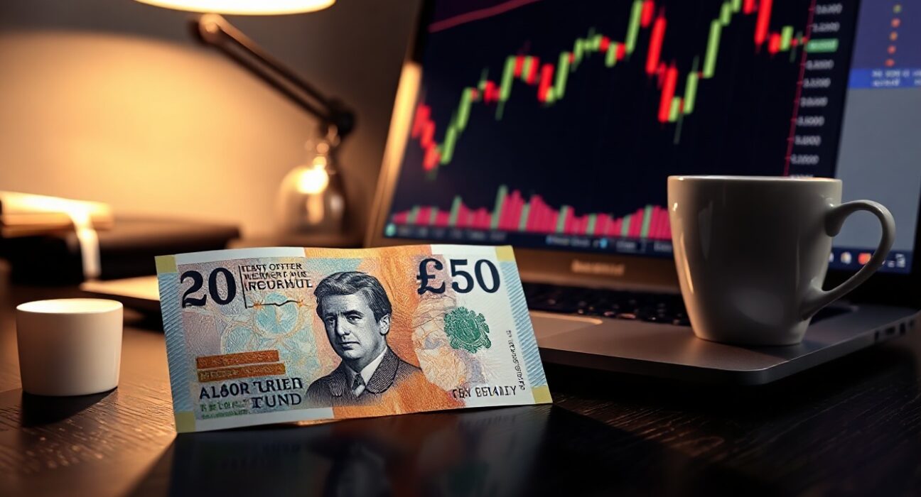 British pound note on desk next to laptop showing GBP/USD forex chart