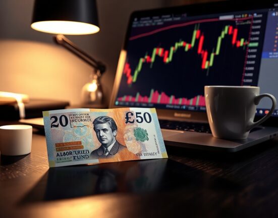 British pound note on desk next to laptop showing GBP/USD forex chart