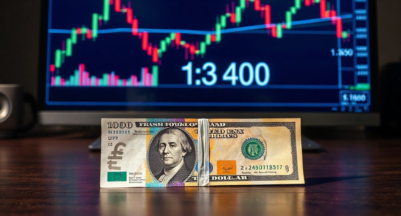 British Pound and US Dollar banknotes on desk with trading charts in background