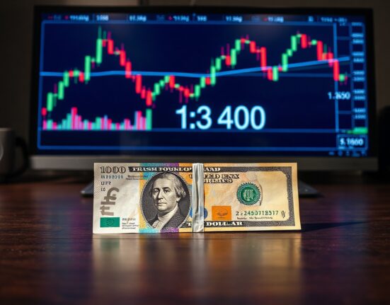 British Pound and US Dollar banknotes on desk with trading charts in background
