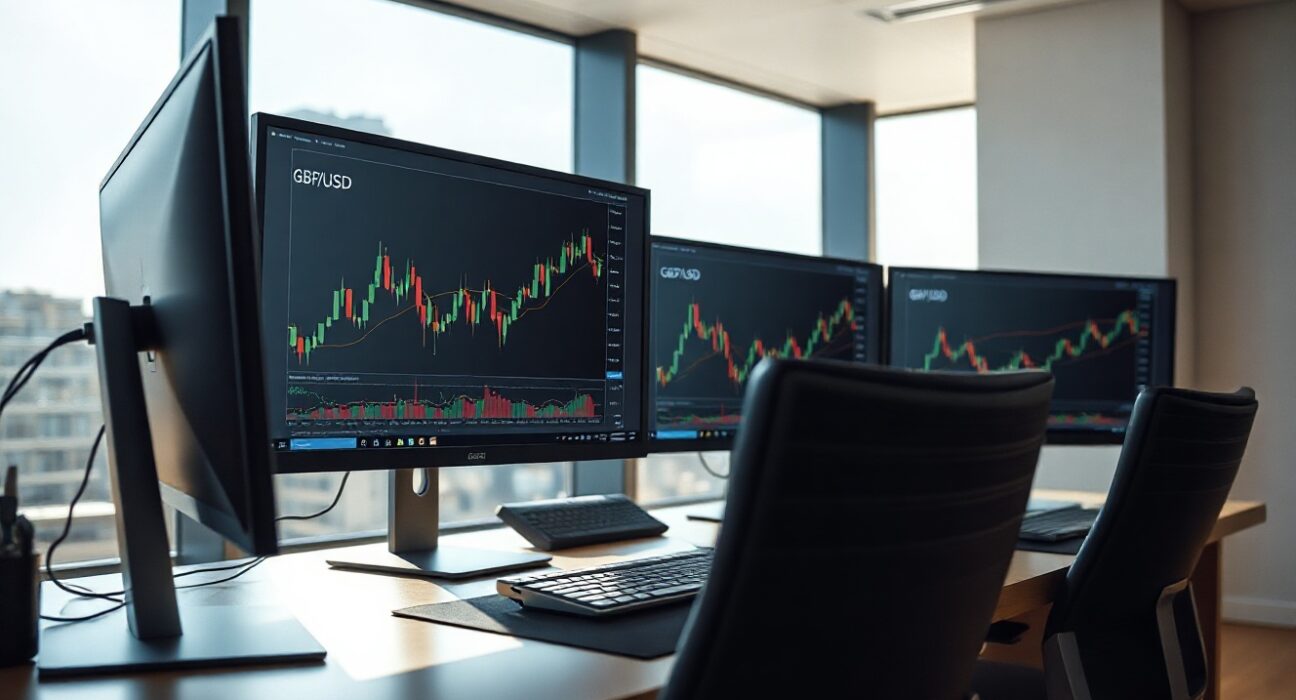 Forex trading monitors displaying GBP/USD charts and candlestick patterns in a professional trading desk setting
