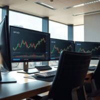 Forex trading monitors displaying GBP/USD charts and candlestick patterns in a professional trading desk setting