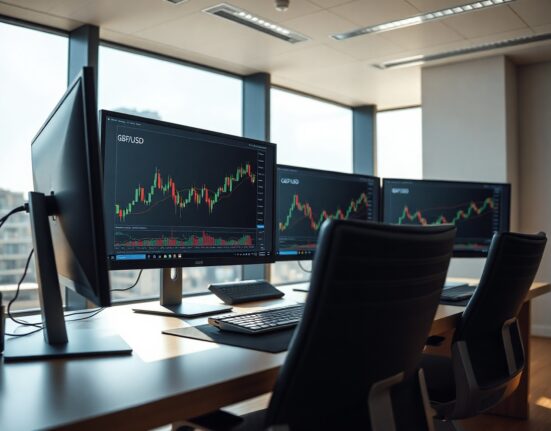 Forex trading monitors displaying GBP/USD charts and candlestick patterns in a professional trading desk setting