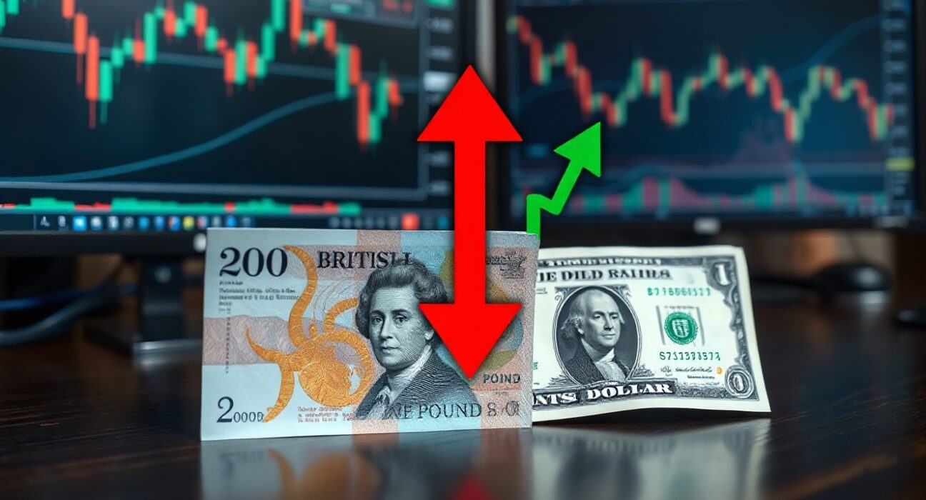 British Pound and US Dollar banknotes on a trading desk with directional arrows indicating Pound weakness and Dollar strength.