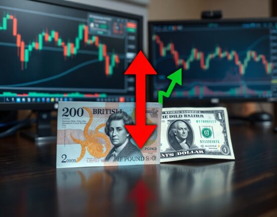 British Pound and US Dollar banknotes on a trading desk with directional arrows indicating Pound weakness and Dollar strength.
