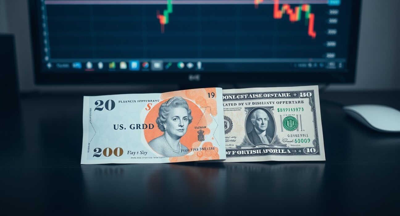 British pound and US dollar banknotes on a desk with a financial chart in the background, representing GBP/USD exchange rate movement.
