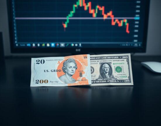 British pound and US dollar banknotes on a desk with a financial chart in the background, representing GBP/USD exchange rate movement.