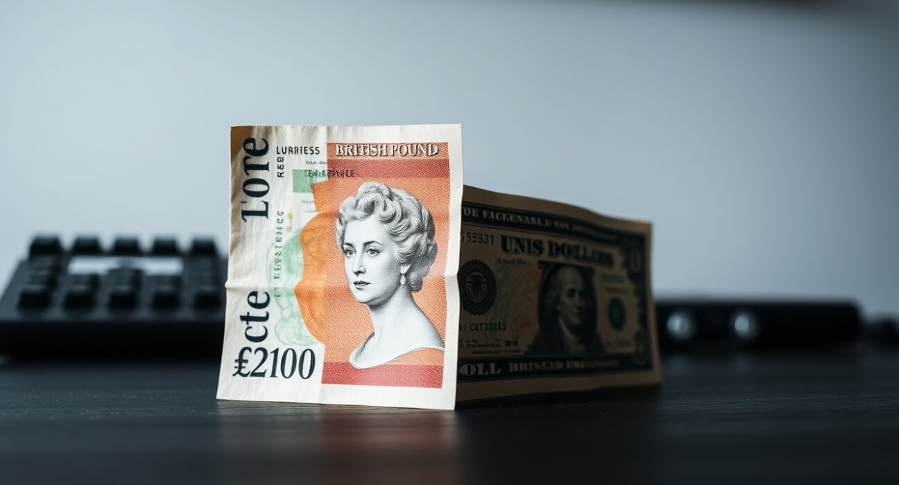 British Pound and US Dollar banknotes on a desk, representing forex market volatility.