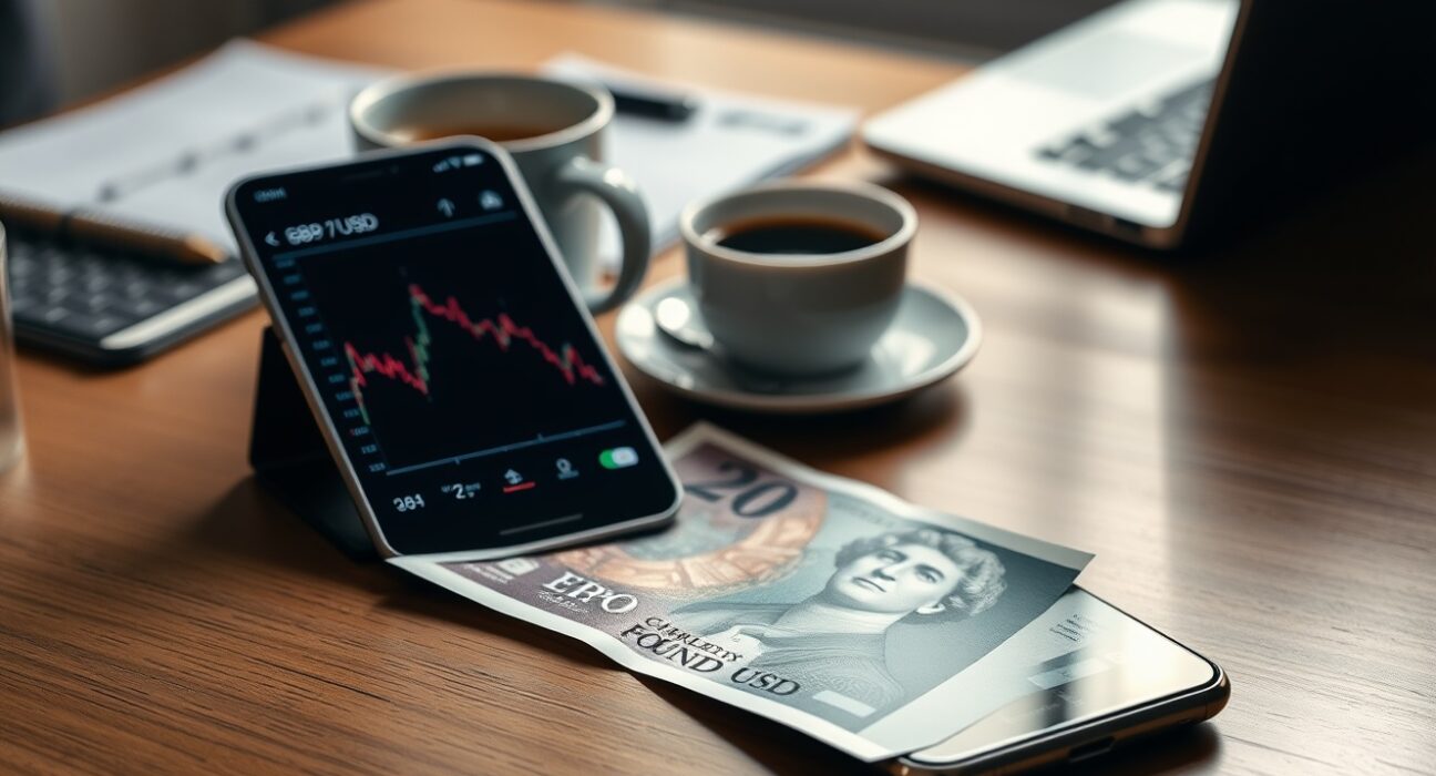 British Pound banknote and smartphone showing declining GBP/USD forex chart on a desk.