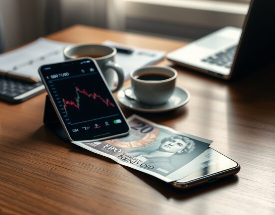 British Pound banknote and smartphone showing declining GBP/USD forex chart on a desk.