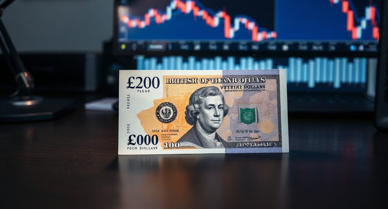 British Pound and US Dollar banknotes on a desk, with the Dollar note elevated, representing currency market shifts.