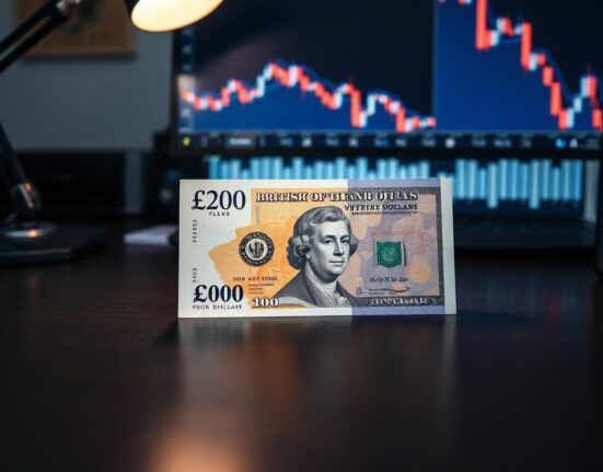 British Pound and US Dollar banknotes on a desk, with the Dollar note elevated, representing currency market shifts.