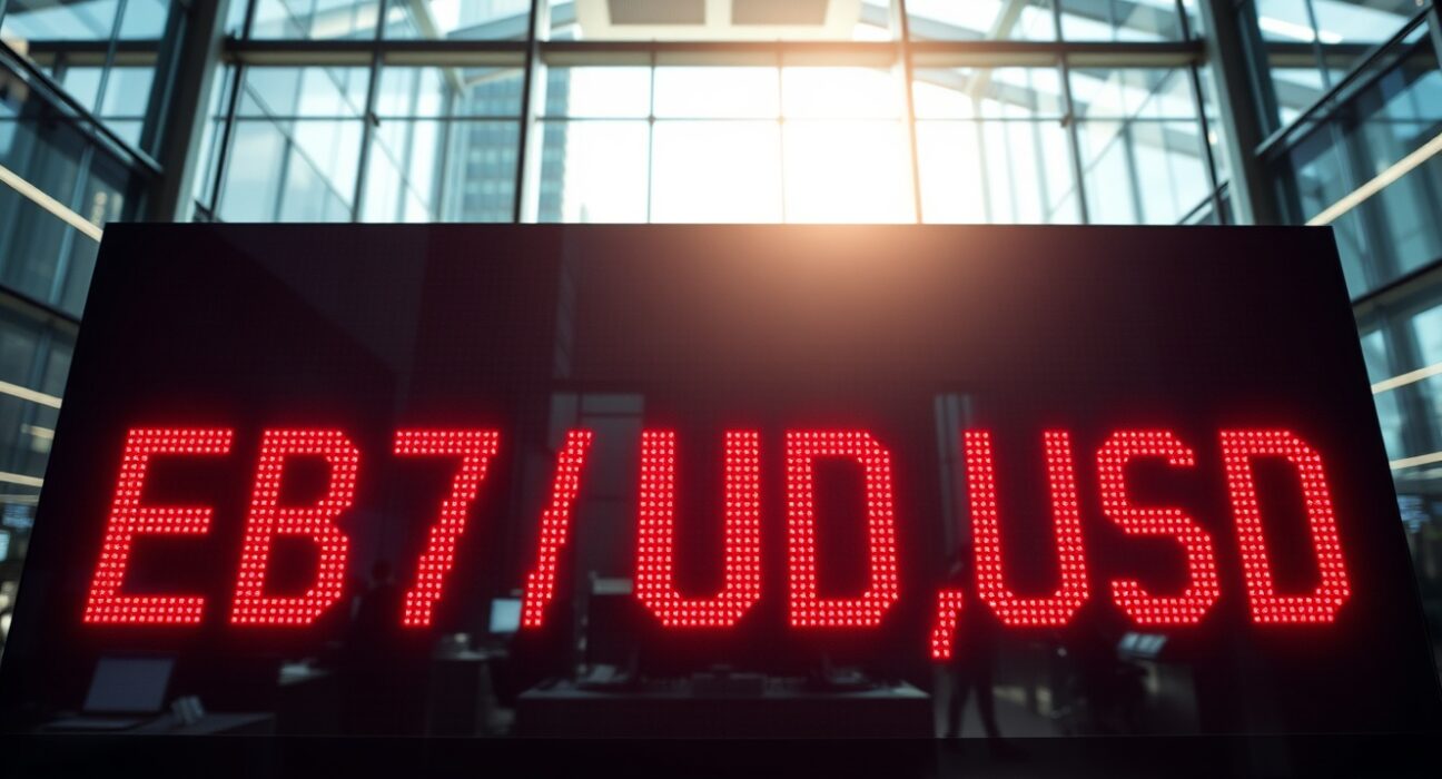 GBP/USD exchange rate board showing decline in a London financial office