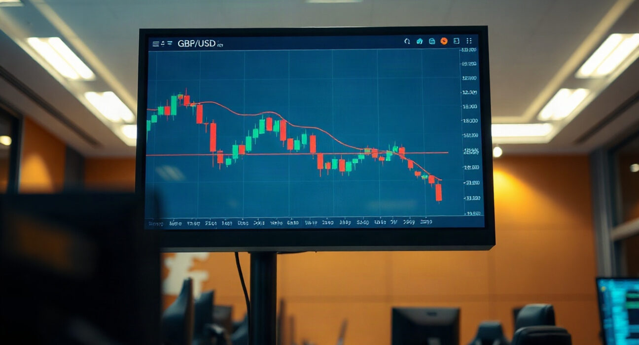 GBP/USD chart showing decline on a trading screen in a financial office