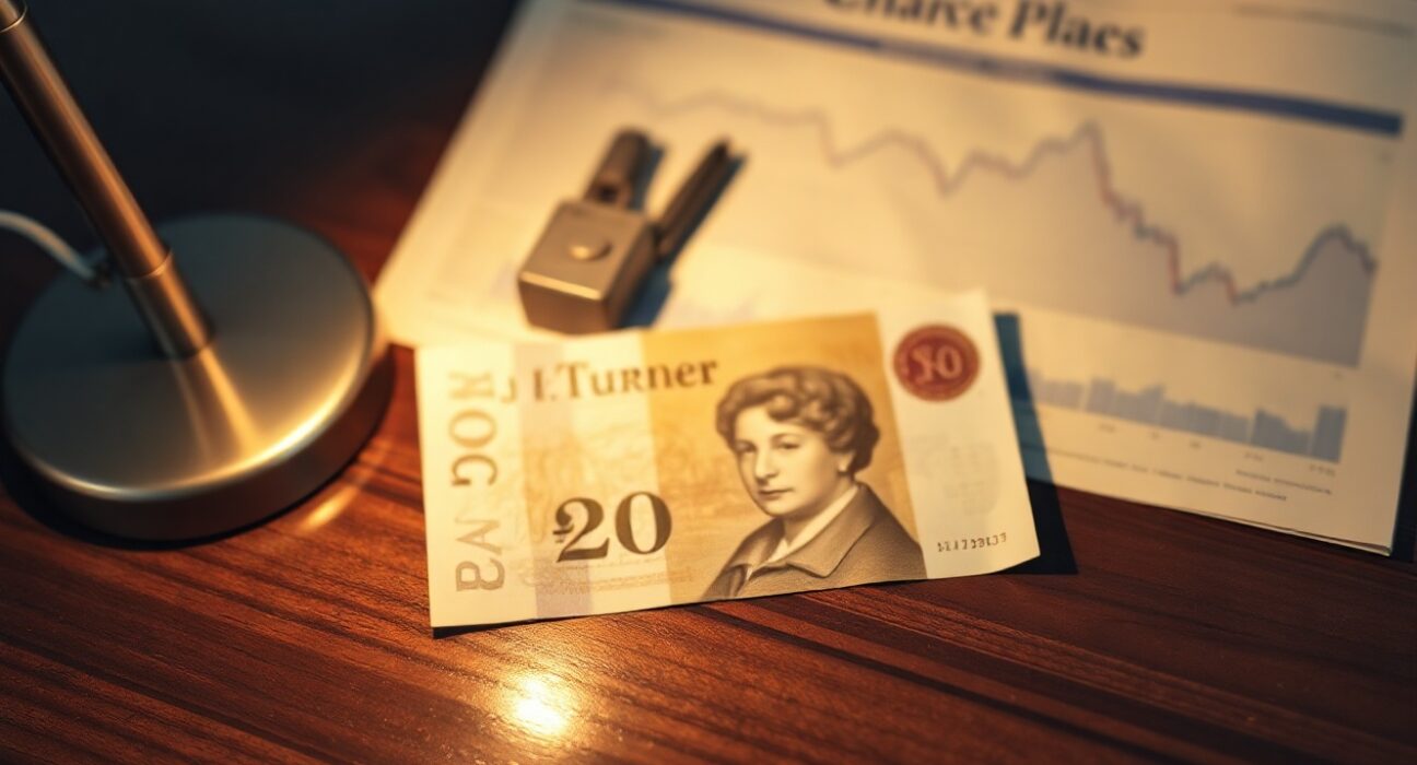 British Pound banknote on desk with financial newspaper in background