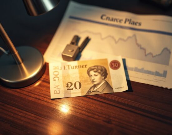 British Pound banknote on desk with financial newspaper in background