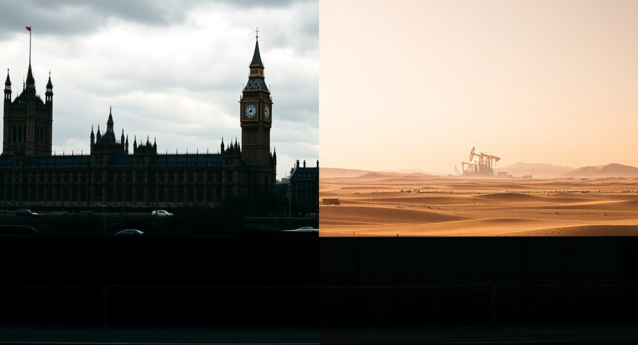 Split scene of UK Parliament and desert landscape representing Pound decline and Dollar strength amid geopolitical tensions.