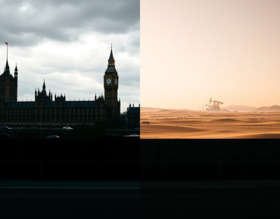 Split scene of UK Parliament and desert landscape representing Pound decline and Dollar strength amid geopolitical tensions.