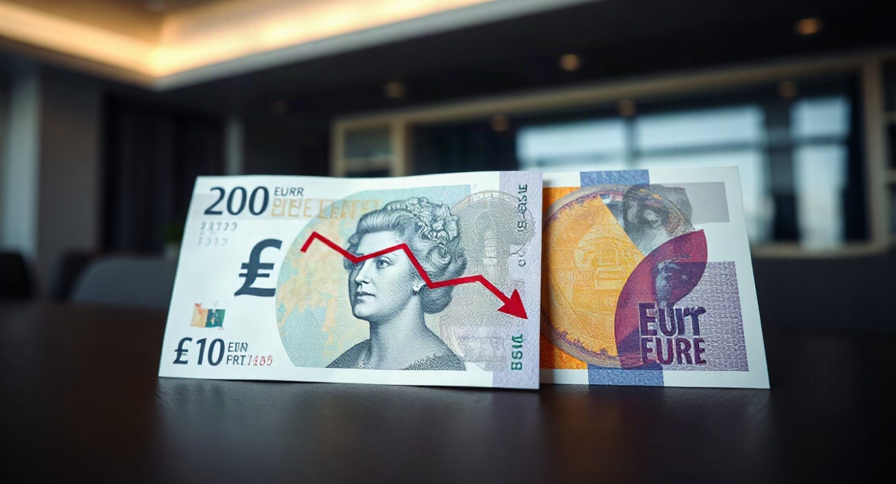 British pound and euro banknotes on a dark background, symbolizing currency exchange rate analysis.