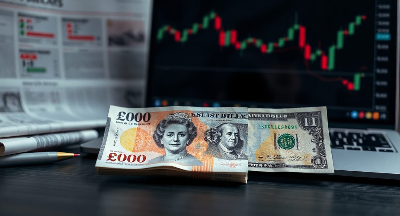 British Pound and US Dollar banknotes on a desk with financial charts in background