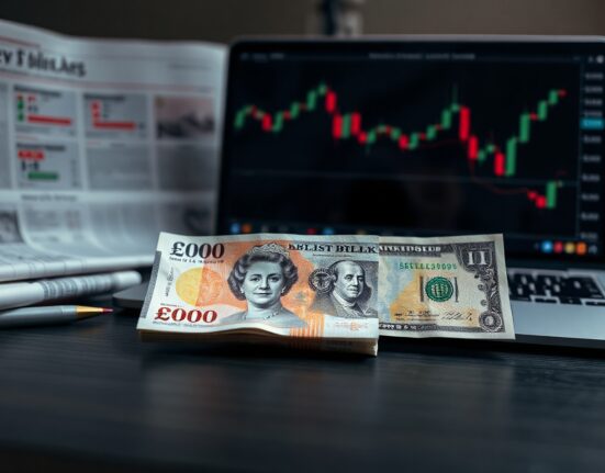 British Pound and US Dollar banknotes on a desk with financial charts in background