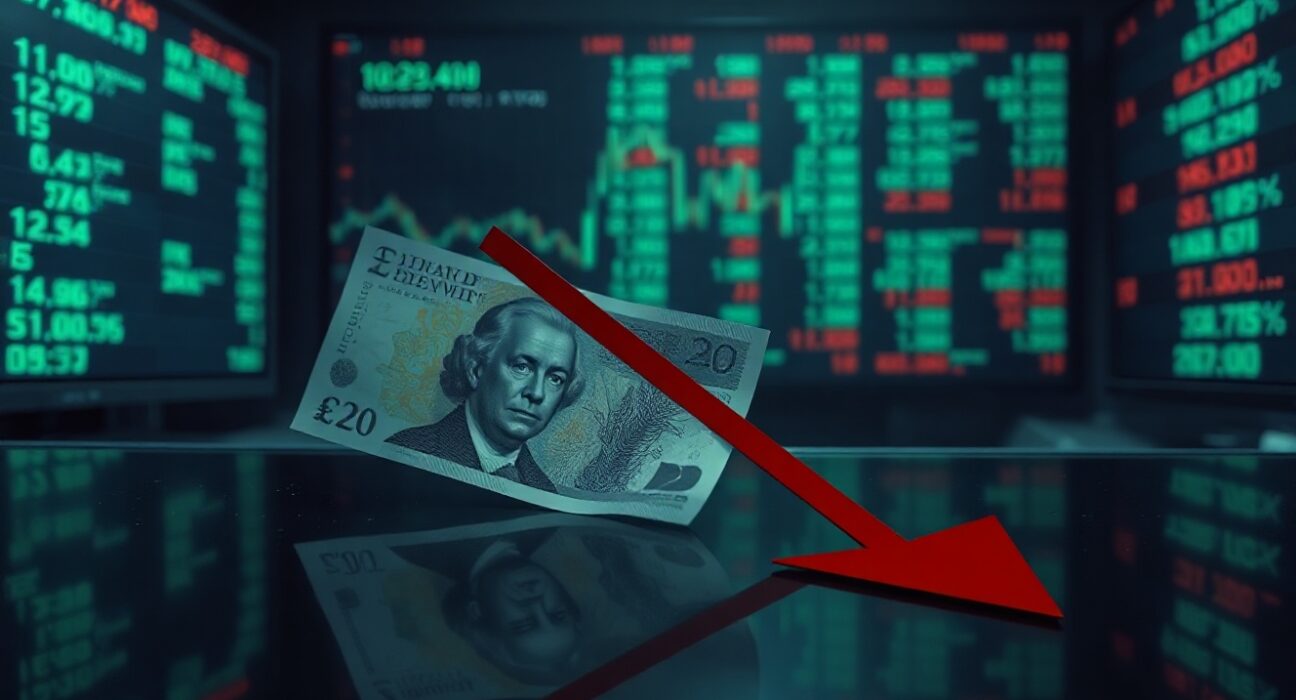British Pound banknote on dark surface with downward red arrow shadow indicating bearish market momentum.