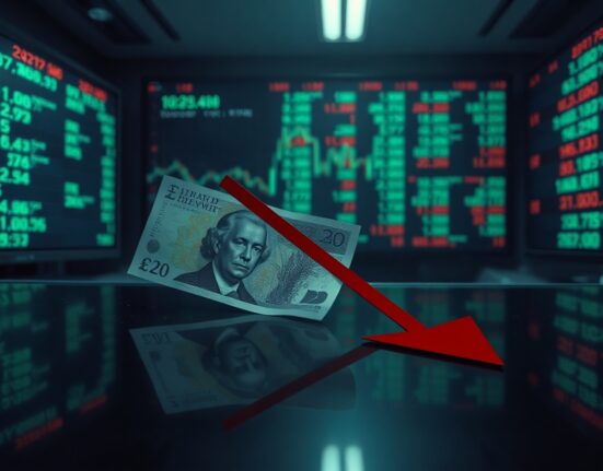 British Pound banknote on dark surface with downward red arrow shadow indicating bearish market momentum.